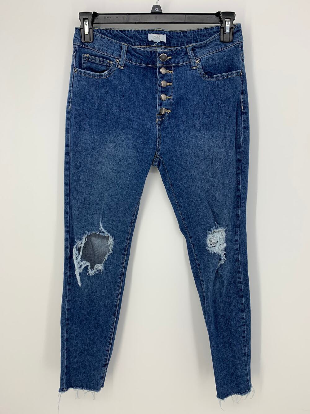 C+J Womens Medium Blue Wash Distressed Button Fly Jeans Raw Hem Size 31